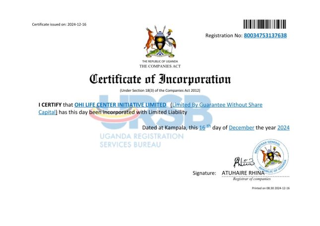 OHI Life Center Initiative Certificate